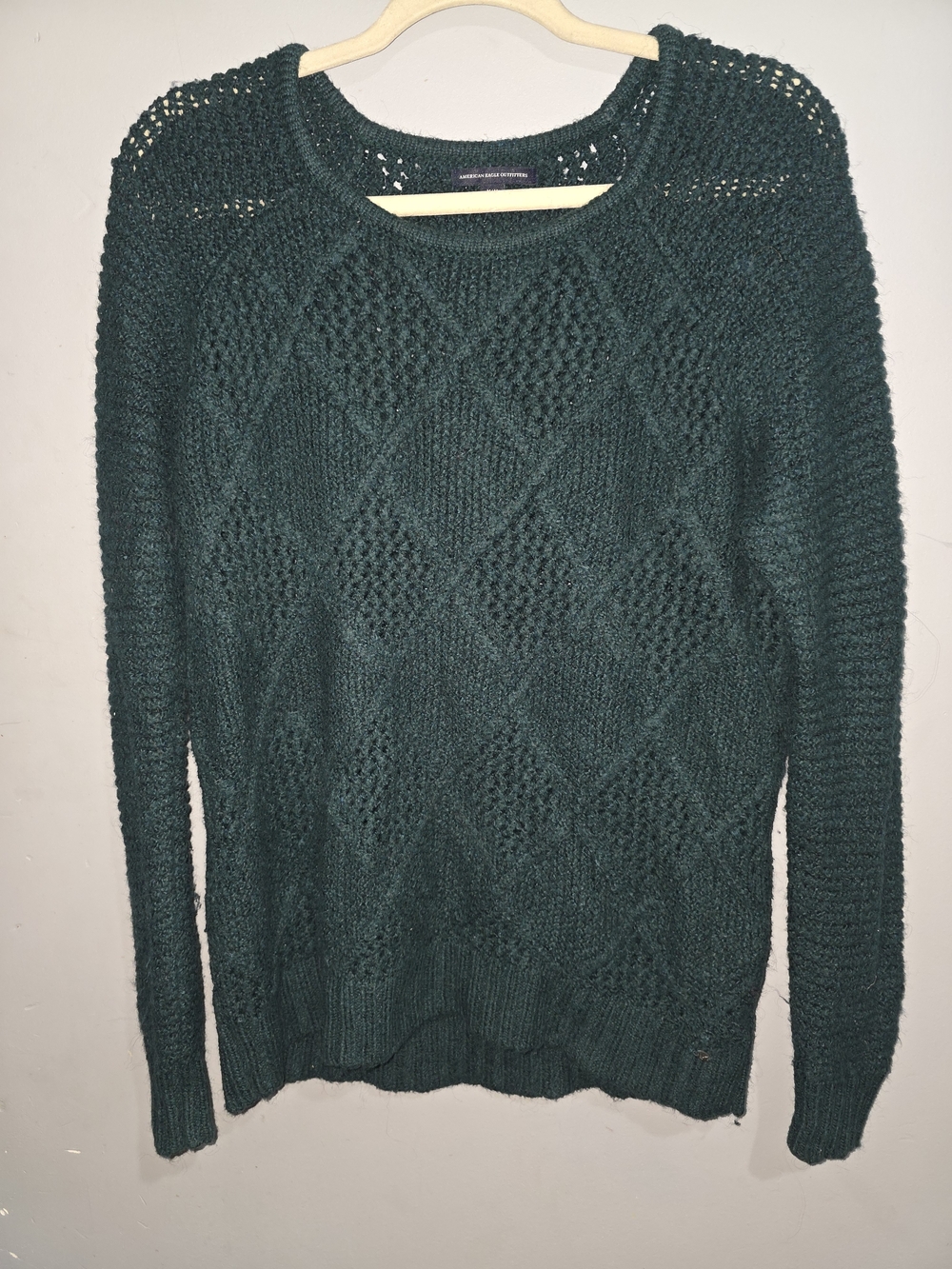 American Eagle Women’s Crewneck Open-Knit Diamond Sweater - Dark Teal-Medium
